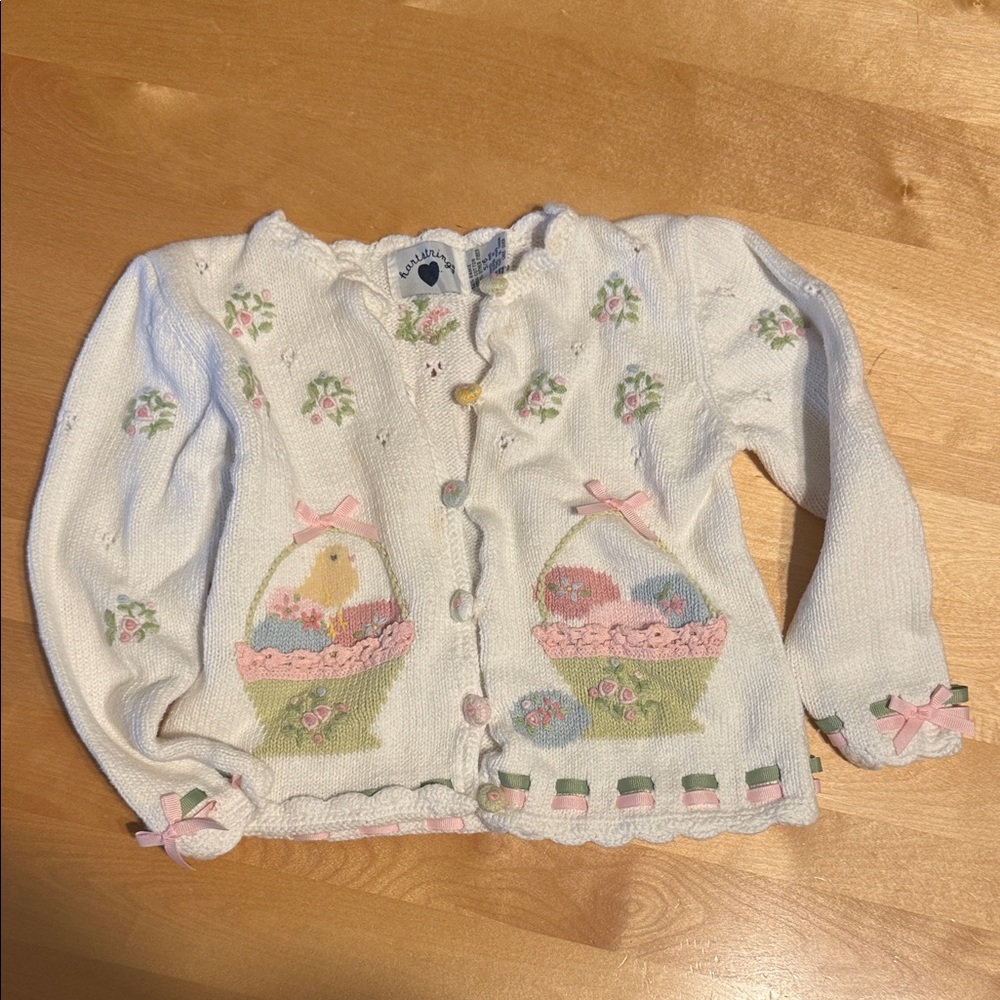 Hartstrings Easter White Knit Cardigan with Floral Embroidery